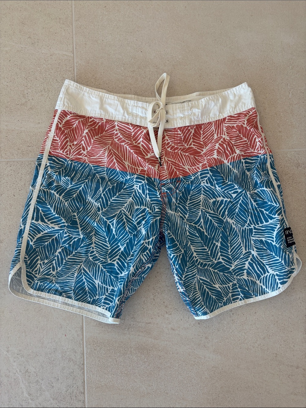 RVCA Blue and Red Leaf-Print Athletic Swim Shorts